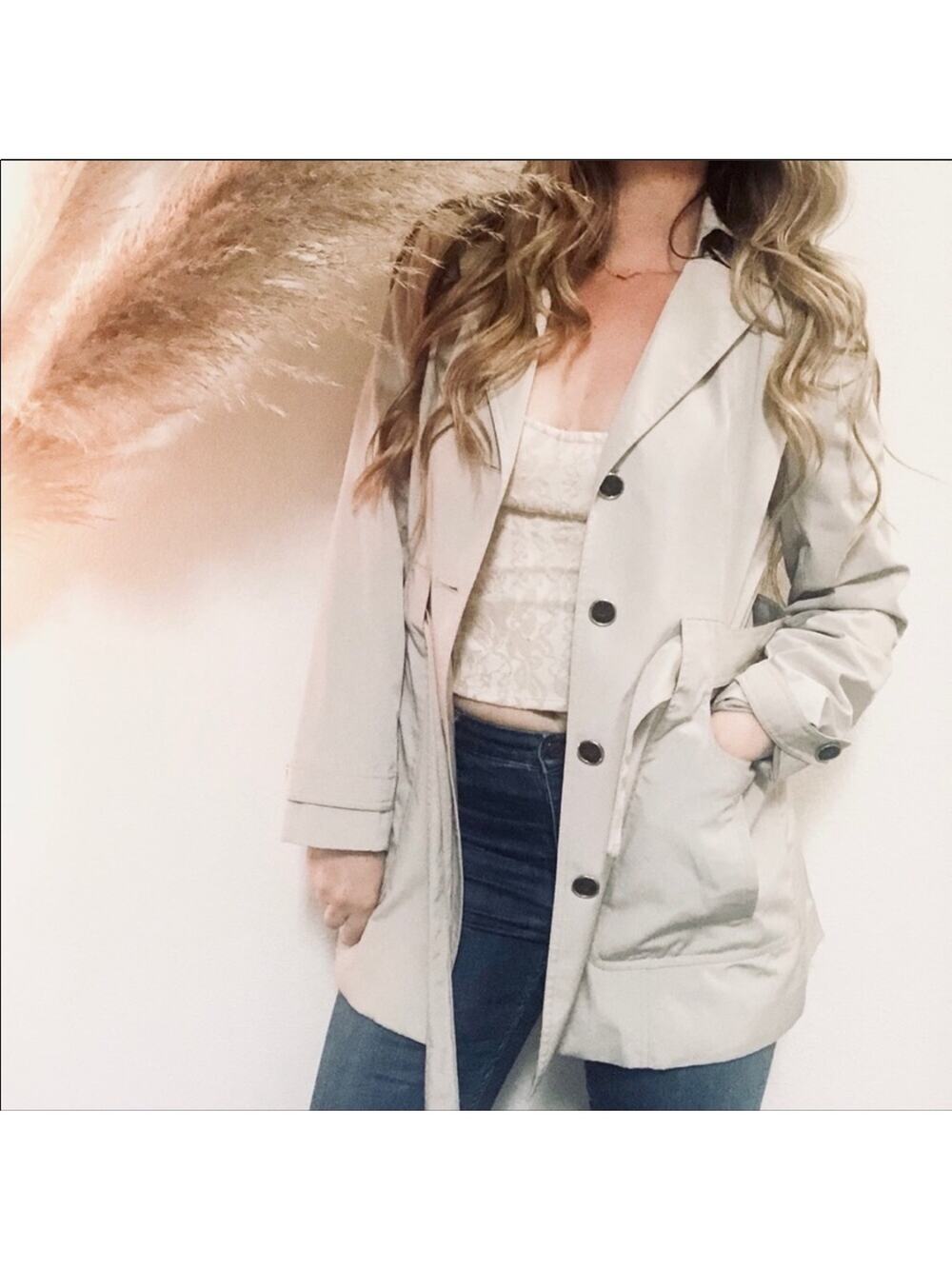 CALVIN KLEIN Khaki Tan Cream Lined Belted Button Preppy Tie Trench Coat Jacket S